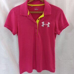 Medium Under Armour Logo Polo Shirt Womens Pink HeatGear Short Sleeve Collared
